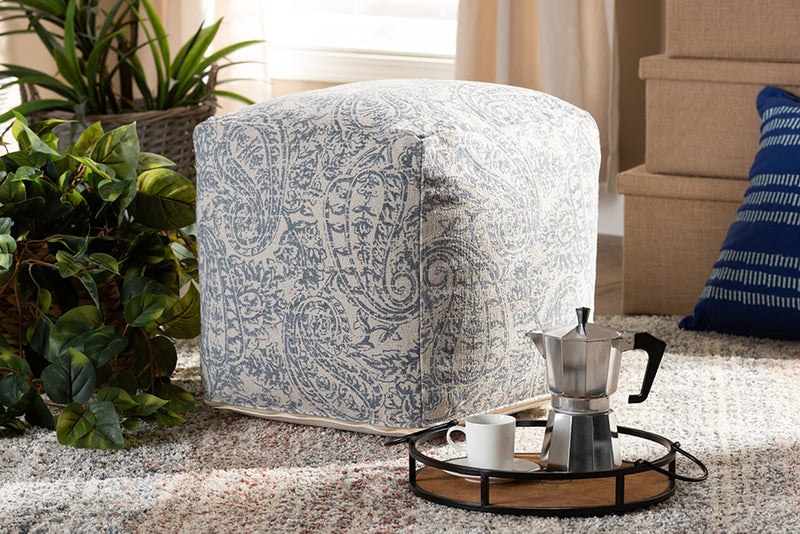 Baxton Studio Juvita Modern and Contemporary Grey and Blue Handwoven Cotton Paisley Pouf Ottoman | Modishstore | Ottomans