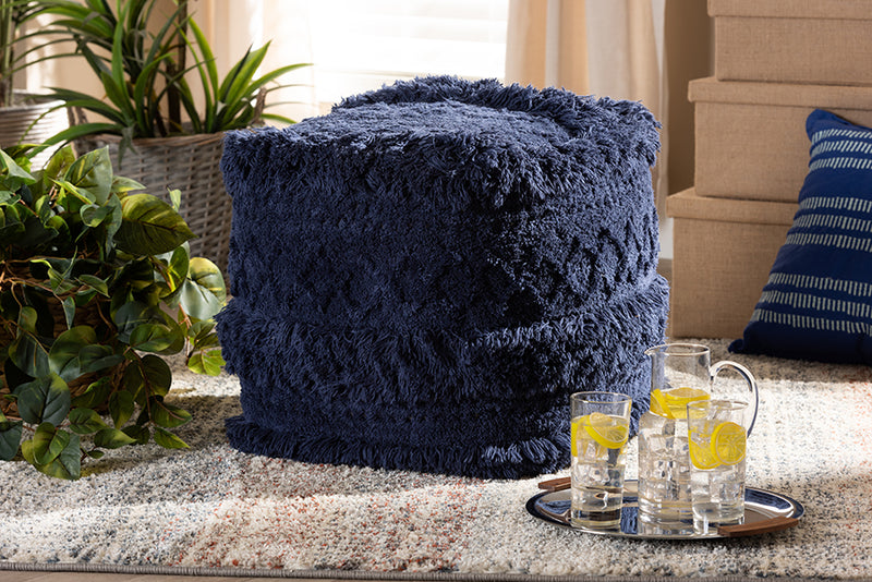 Baxton Studio Curlew Moroccan Inspired Navy Handwoven Cotton Pouf Ottoman | Modishstore | Ottomans