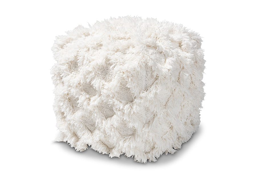 baxton studio asuka moroccan inspired ivory handwoven cotton fringe pouf ottoman | Modish Furniture Store-2