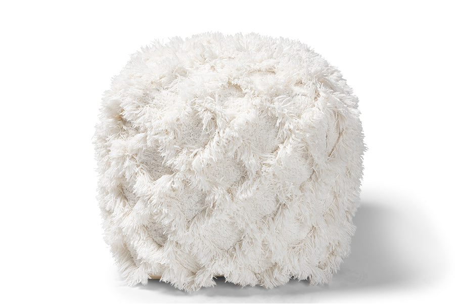 baxton studio asuka moroccan inspired ivory handwoven cotton fringe pouf ottoman | Modish Furniture Store-3