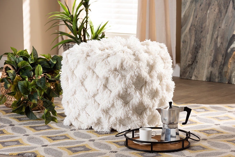 Baxton Studio Asuka Moroccan Inspired Ivory Handwoven Cotton Fringe Pouf Ottoman | Modishstore | Ottomans