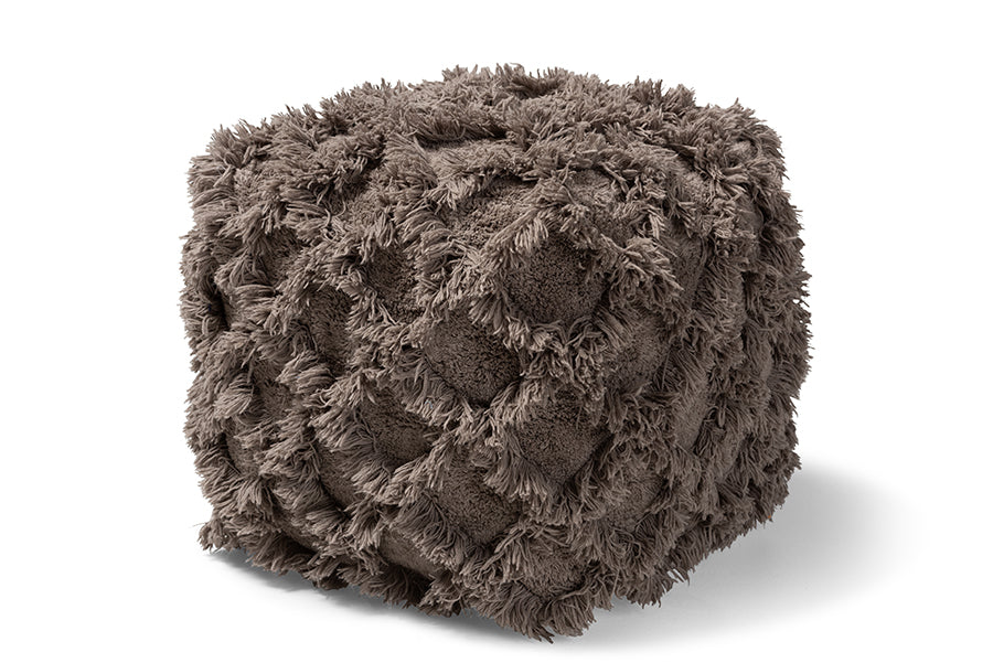 baxton studio asuka moroccan inspired taupe handwoven cotton fringe pouf ottoman | Modish Furniture Store-2