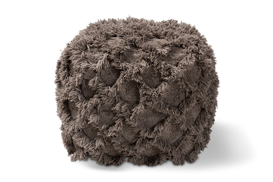 baxton studio asuka moroccan inspired taupe handwoven cotton fringe pouf ottoman | Modish Furniture Store-3
