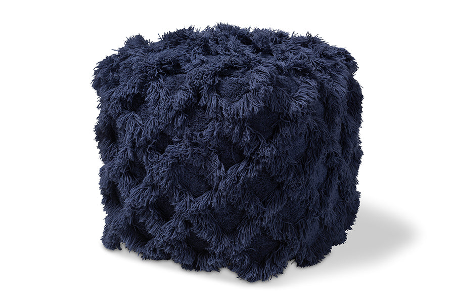 baxton studio asuka moroccan inspired navy handwoven cotton fringe pouf ottoman | Modish Furniture Store-2