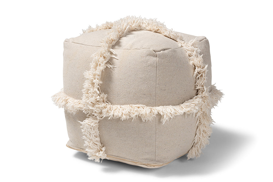 baxton studio alfro moroccan inspired beige handwoven cotton fringe pouf ottoman | Modish Furniture Store-2