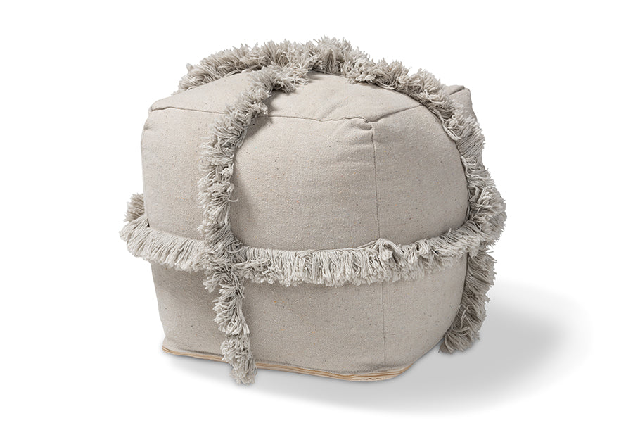 baxton studio alfro moroccan inspired grey handwoven cotton fringe pouf ottoman | Modish Furniture Store-2