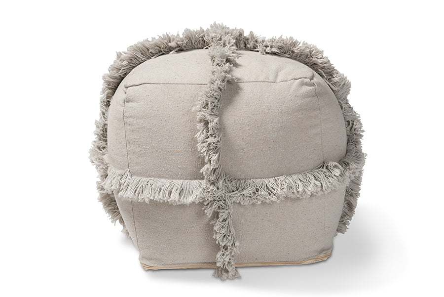 baxton studio alfro moroccan inspired grey handwoven cotton fringe pouf ottoman | Modish Furniture Store-3