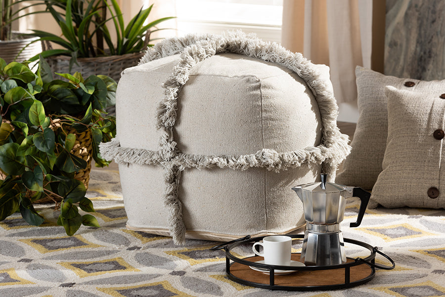 Baxton Studio Alfro Moroccan Inspired Grey Handwoven Cotton Fringe Pouf Ottoman | Modishstore | Ottomans
