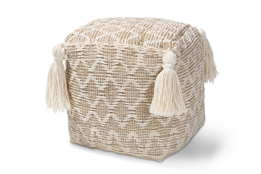 baxton studio noland moroccan inspired natural and ivory handwoven cotton and hemp pouf ottoman | Modish Furniture Store-2