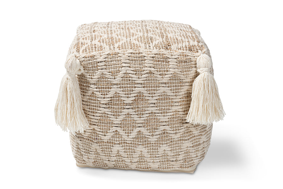 baxton studio noland moroccan inspired natural and ivory handwoven cotton and hemp pouf ottoman | Modish Furniture Store-3
