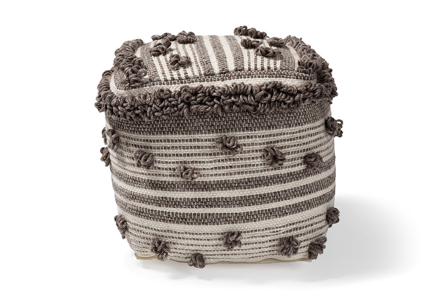 baxton studio eligah moroccan inspired ivory and brown handwoven wool pouf ottoman | Modish Furniture Store-3
