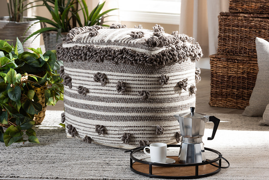 Baxton Studio Eligah Moroccan Inspired Ivory and Brown Handwoven Wool Pouf Ottoman | Modishstore | Ottomans