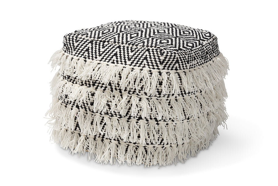 baxton studio alain moroccan inspired black and ivory handwoven wool tassel pouf ottoman | Modish Furniture Store-2