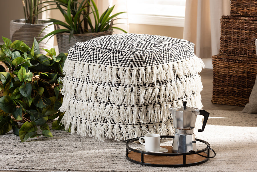 Baxton Studio Alain Moroccan Inspired Black and Ivory Handwoven Wool Tassel Pouf Ottoman Black