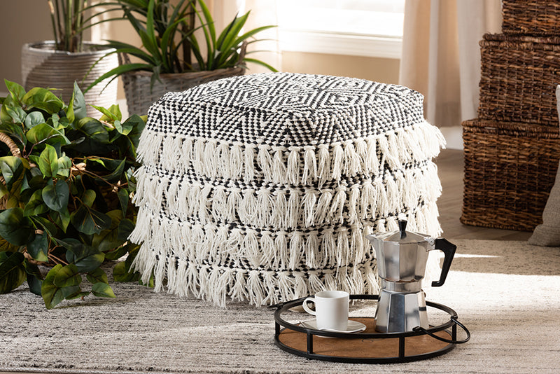 Baxton Studio Alain Moroccan Inspired Black and Ivory Handwoven Wool Tassel Pouf Ottoman | Modishstore | Ottomans