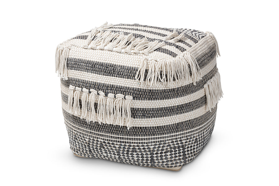 baxton studio kirby moroccan inspired grey and ivory handwoven cotton pouf ottoman | Modish Furniture Store-2