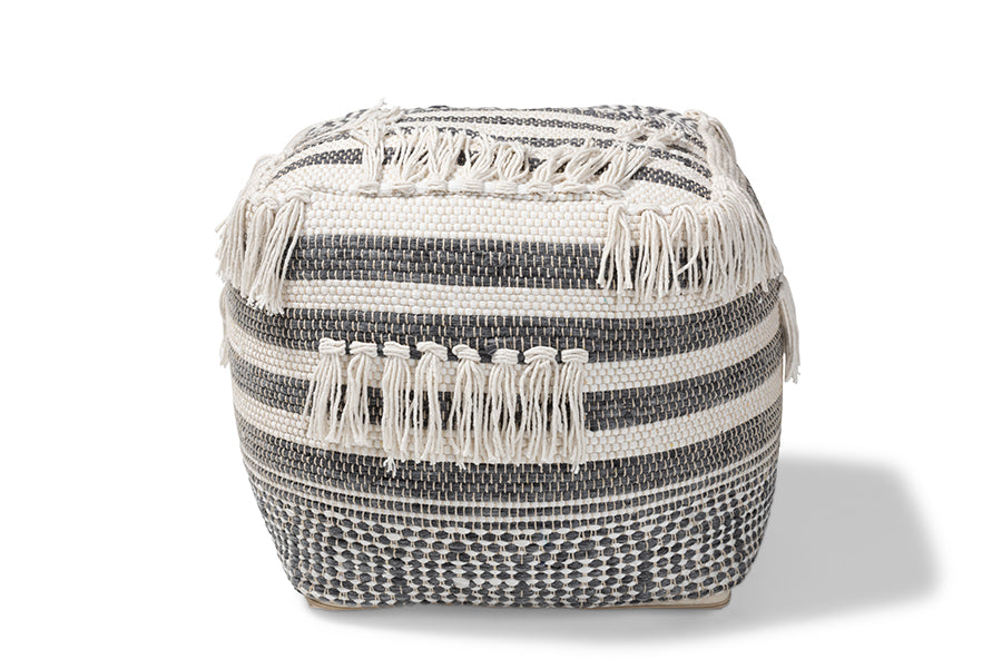 baxton studio kirby moroccan inspired grey and ivory handwoven cotton pouf ottoman | Modish Furniture Store-3