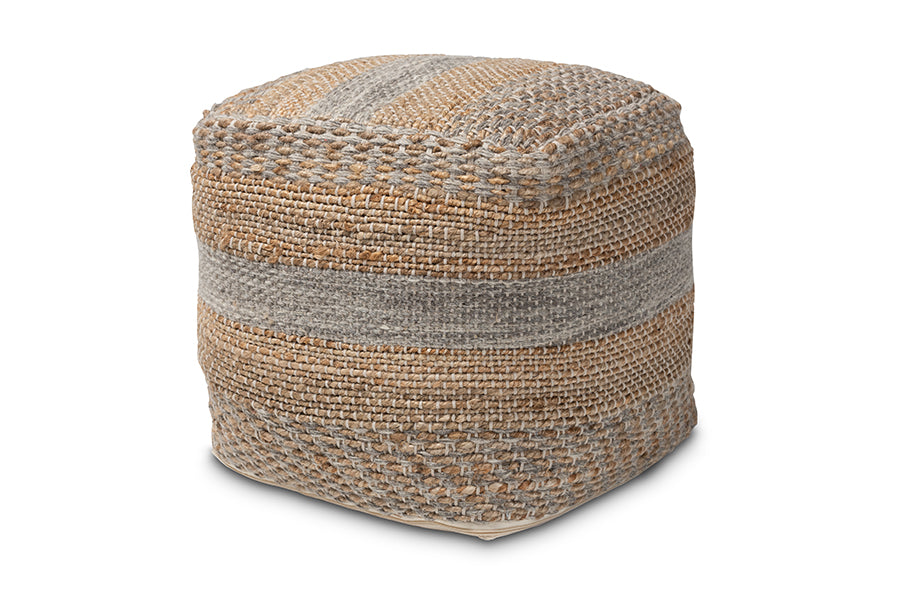 baxton studio grange moroccan inspired natural and grey handwoven hemp pouf ottoman | Modish Furniture Store-2
