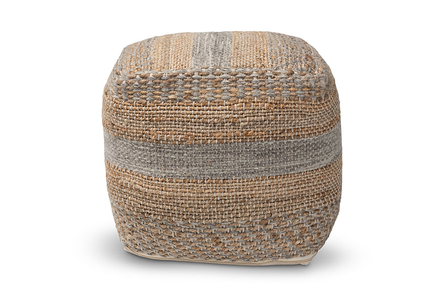 baxton studio grange moroccan inspired natural and grey handwoven hemp pouf ottoman | Modish Furniture Store-3