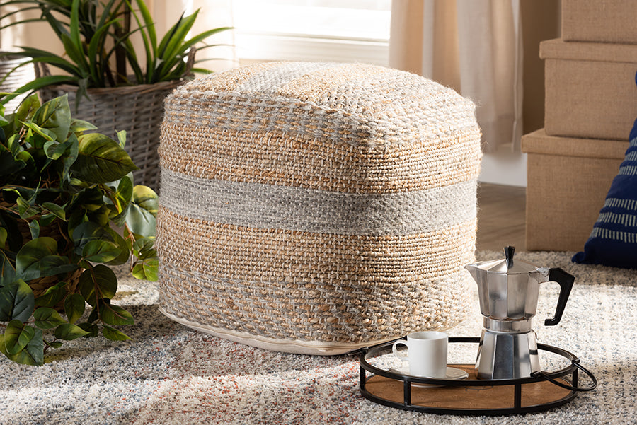 Baxton Studio Grange Moroccan Inspired Natural and Grey Handwoven Hemp Pouf Ottoman | Modishstore | Ottomans