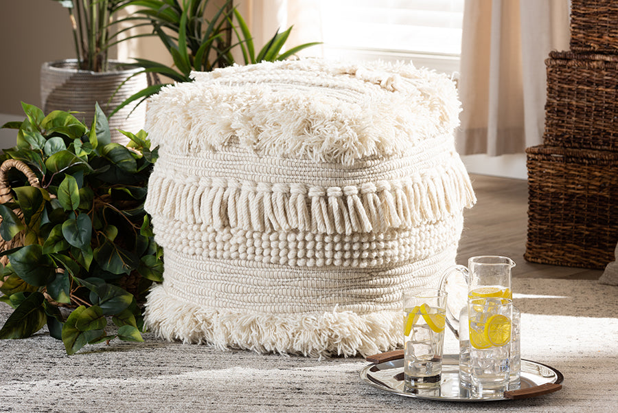 Baxton Studio Bartow Moroccan Inspired Beige Handwoven Cotton Pouf Ottoman | Modishstore | Ottomans