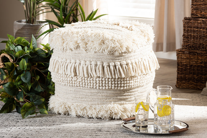 Baxton Studio Bartow Moroccan Inspired Beige Handwoven Cotton Pouf Ottoman | Modishstore | Ottomans