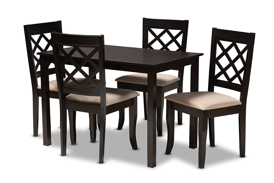 baxton studio verner modern and contemporary sand fabric upholstered espresso brown finished 5 piece wood dining set | Modish Furniture Store-3