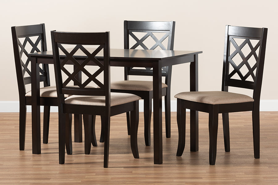 Baxton Studio Verner Modern and Contemporary Sand Fabric Upholstered Espresso Brown Finished 5-Piece Wood Dining Set | Modishstore | Dining Sets