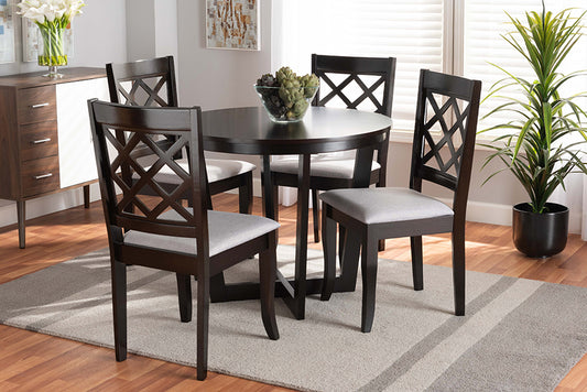 Baxton Studio Selby Modern and Contemporary Grey Fabric Upholstered and Dark Brown Finished Wood 5-Piece Dining Set | Modishstore | Dining Sets