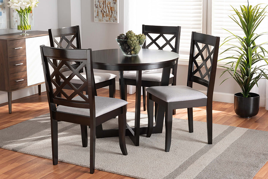 Baxton Studio Selby Modern and Contemporary Grey Fabric Upholstered and Dark Brown Finished Wood 5-Piece Dining Set | Modishstore | Dining Sets