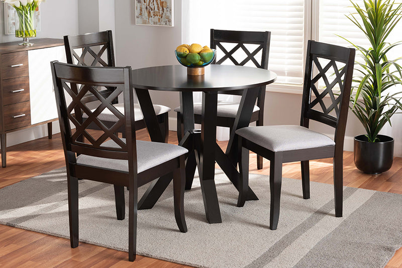 Baxton Studio Adina Modern and Contemporary Grey Fabric Upholstered and Dark Brown Finished Wood 5-Piece Dining Set | Modishstore | Dining Sets