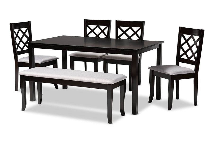 baxton studio andor modern and contemporary grey fabric upholstered and dark brown finished wood 6 piece dining set | Modish Furniture Store-2
