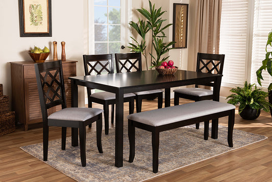Baxton Studio Andor Modern and Contemporary Grey Fabric Upholstered and Dark Brown Finished Wood 6-Piece Dining Set | Modishstore | Dining Sets