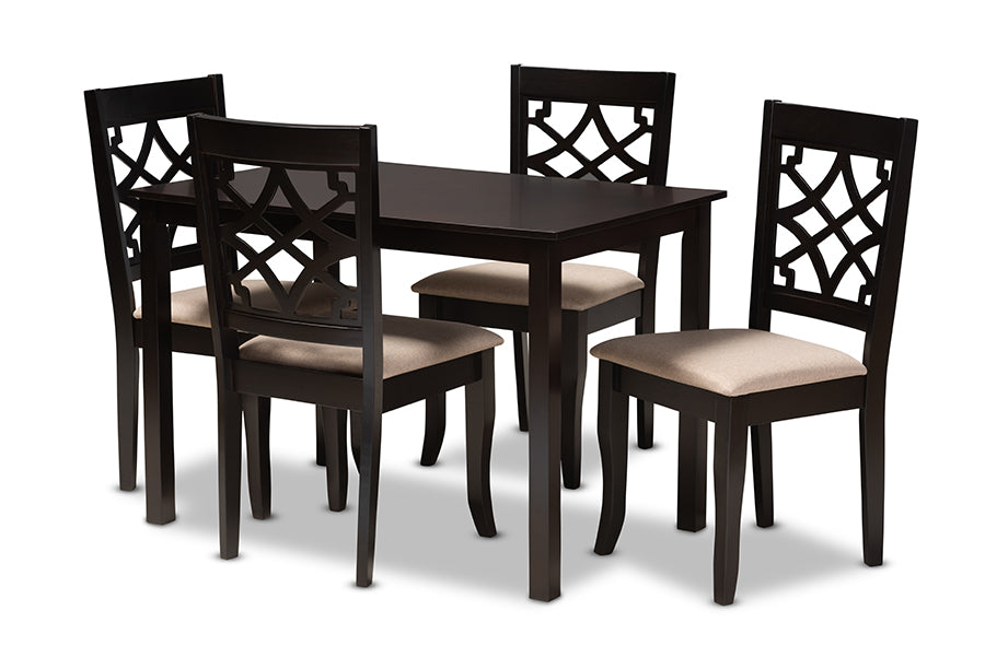 baxton studio mael modern and contemporary sand fabric upholstered espresso brown finished 5 piece wood dining set | Modish Furniture Store-2