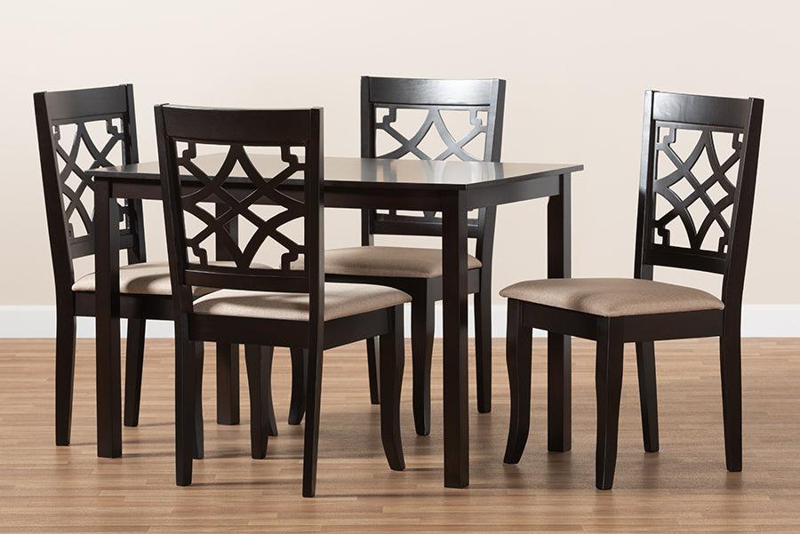 Baxton Studio Mael Modern and Contemporary Sand Fabric Upholstered Espresso Brown Finished 5-Piece Wood Dining Set | Modishstore | Dining Sets