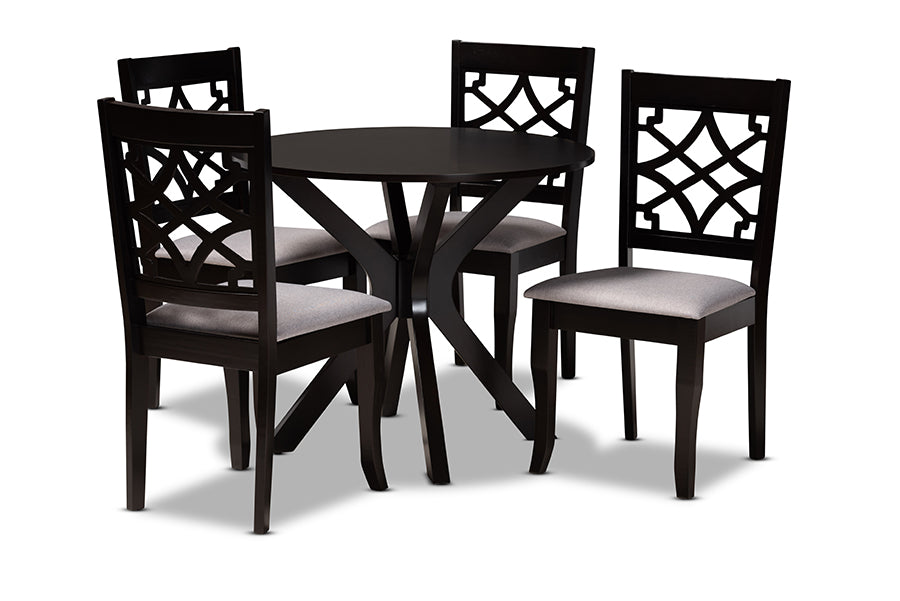 baxton studio elena modern and contemporary grey fabric upholstered and dark brown finished wood 5 piece dining set | Modish Furniture Store-2