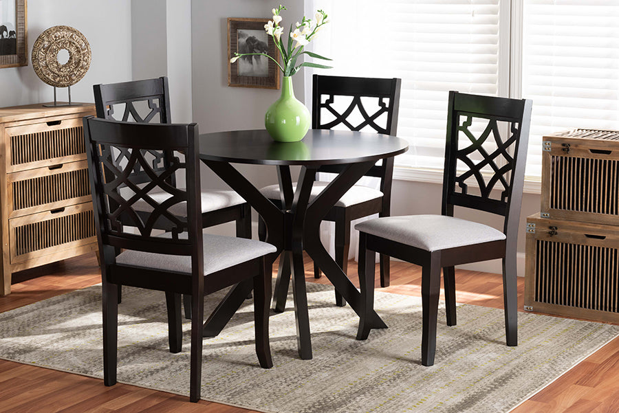 Baxton Studio Elena Modern and Contemporary Grey Fabric Upholstered and Dark Brown Finished Wood 5-Piece Dining Set | Modishstore | Dining Sets