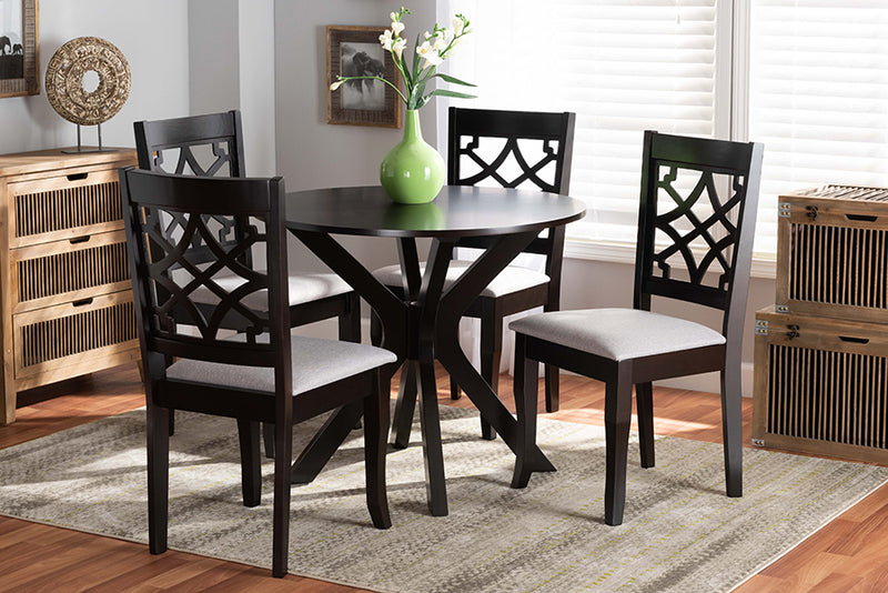 Baxton Studio Elena Modern and Contemporary Grey Fabric Upholstered and Dark Brown Finished Wood 5-Piece Dining Set | Modishstore | Dining Sets