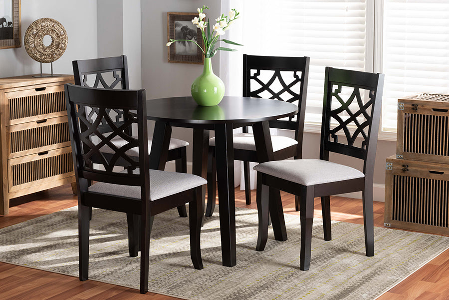 Baxton Studio Mya Modern and Contemporary Grey Fabric Upholstered and Dark Brown Finished Wood 5-Piece Dining Set | Modishstore | Dining Sets