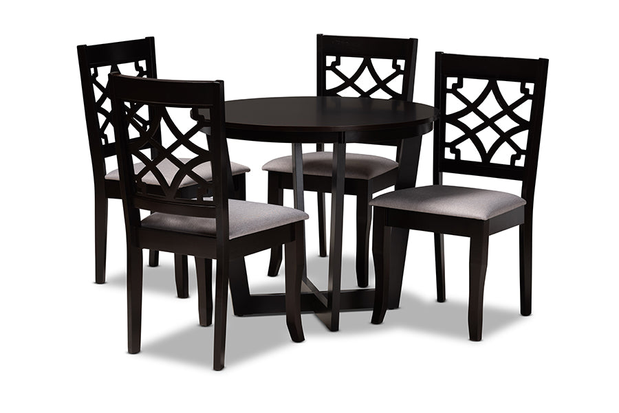 baxton studio tricia modern and contemporary grey fabric upholstered and dark brown finished wood 5 piece dining set | Modish Furniture Store-2