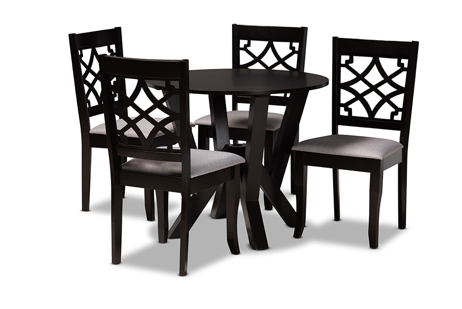 baxton studio alisa modern and contemporary grey fabric upholstered and dark brown finished wood 5 piece dining set | Modish Furniture Store-2