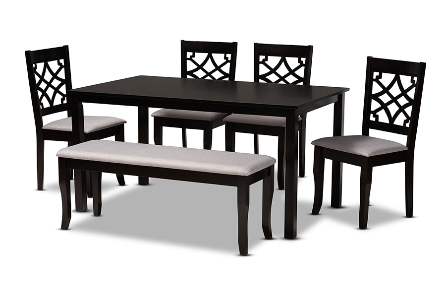 baxton studio dori modern and contemporary grey fabric upholstered and dark brown finished wood 6 piece dining set | Modish Furniture Store-2