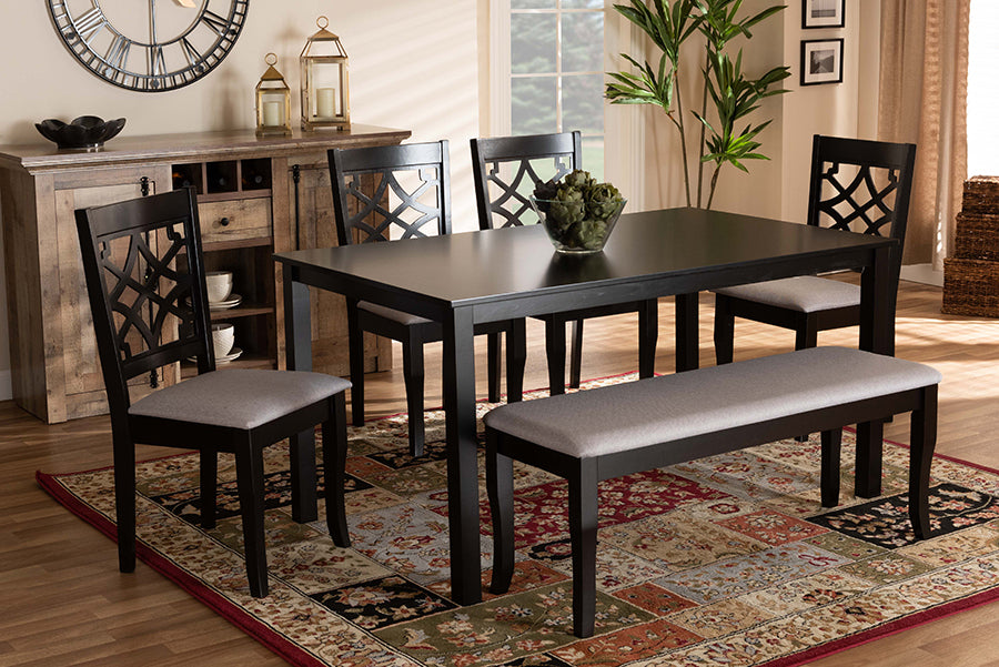 Baxton Studio Dori Modern and Contemporary Grey Fabric Upholstered and Dark Brown Finished Wood 6-Piece Dining Set | Modishstore | Dining Sets