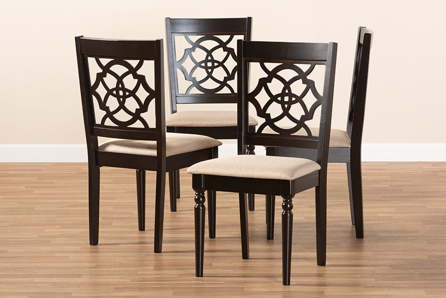 Baxton Studio Renaud Modern and Contemporary Sand Fabric Upholstered Espresso Brown Finished Wood Dining Chair Set of 4 | Modishstore | Dining Chairs