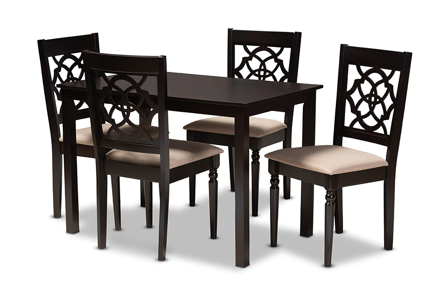 baxton studio renaud modern and contemporary sand fabric upholstered espresso brown finished 5 piece wood dining set | Modish Furniture Store-2