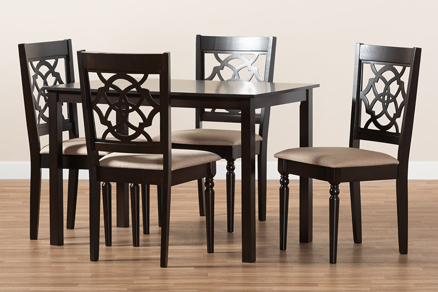 Baxton Studio Renaud Modern and Contemporary Sand Fabric Upholstered Espresso Brown Finished 5-Piece Wood Dining Set | Modishstore | Dining Sets