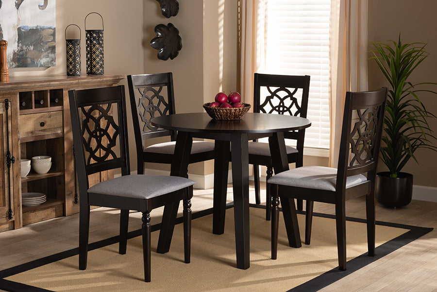 Baxton Studio Eliza Modern and Contemporary Grey Fabric Upholstered and Walnut Brown Finished Wood 5-Piece Dining Set | Modishstore | Dining Sets