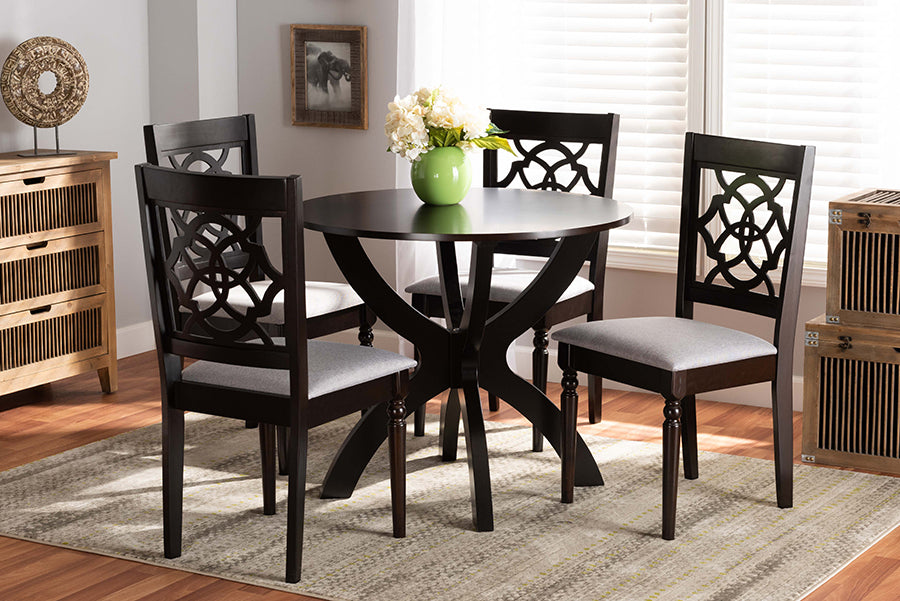 Baxton Studio Tonia Modern and Contemporary Grey Fabric Upholstered and Dark Brown Finished Wood 5-Piece Dining Set | Modishstore | Dining Sets