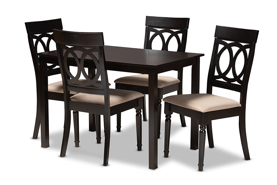 baxton studio lucie modern and contemporary sand fabric upholstered espresso brown finished 5 piece wood dining set | Modish Furniture Store-2
