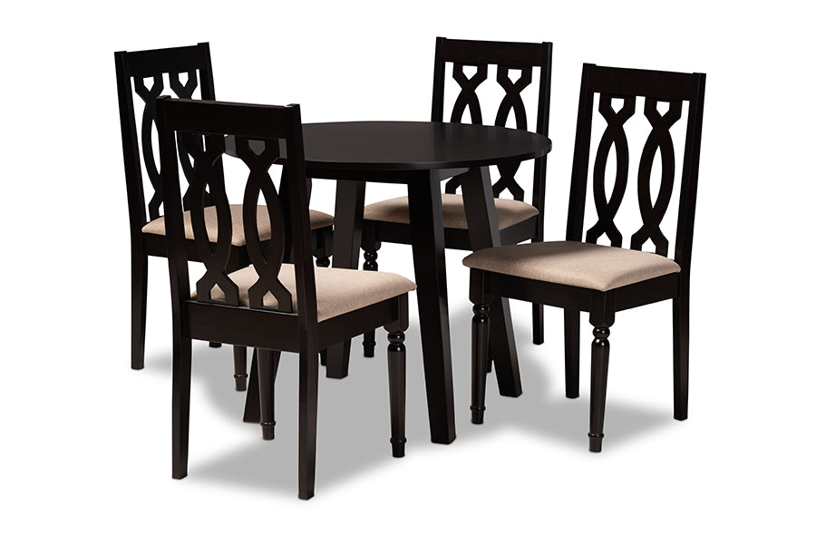 baxton studio heidi modern and contemporary sand fabric upholstered and dark brown finished wood 5 piece dining set | Modish Furniture Store-2